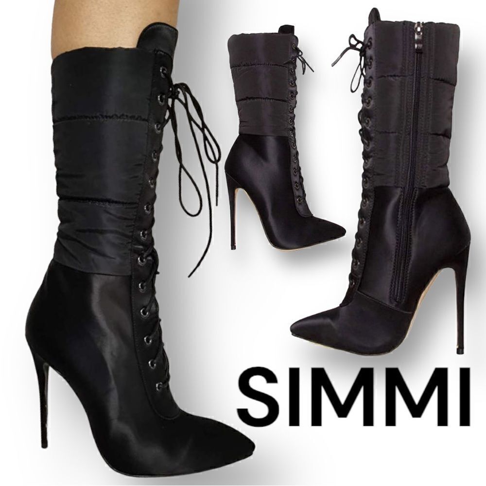 Simmi London Puffer Black Mid-calf Stiletto Boots Zip & Lace Sz 9